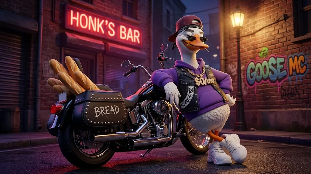 GizmoGoose leaning on a motorcycle outside Honk's Bar, with a saddlebag full of bread