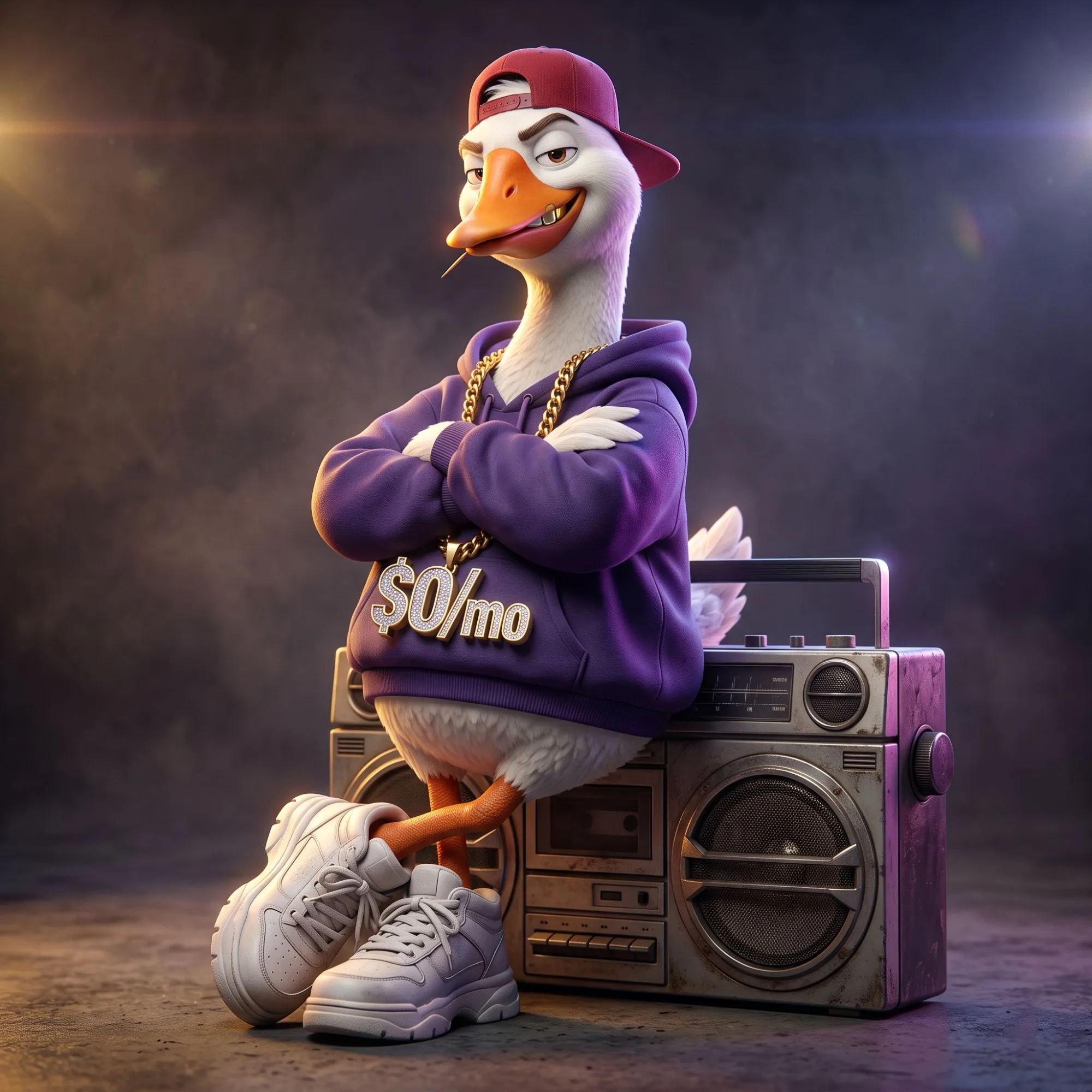 GizmoGoose sitting on a boombox with his wings crossed, looking pleased