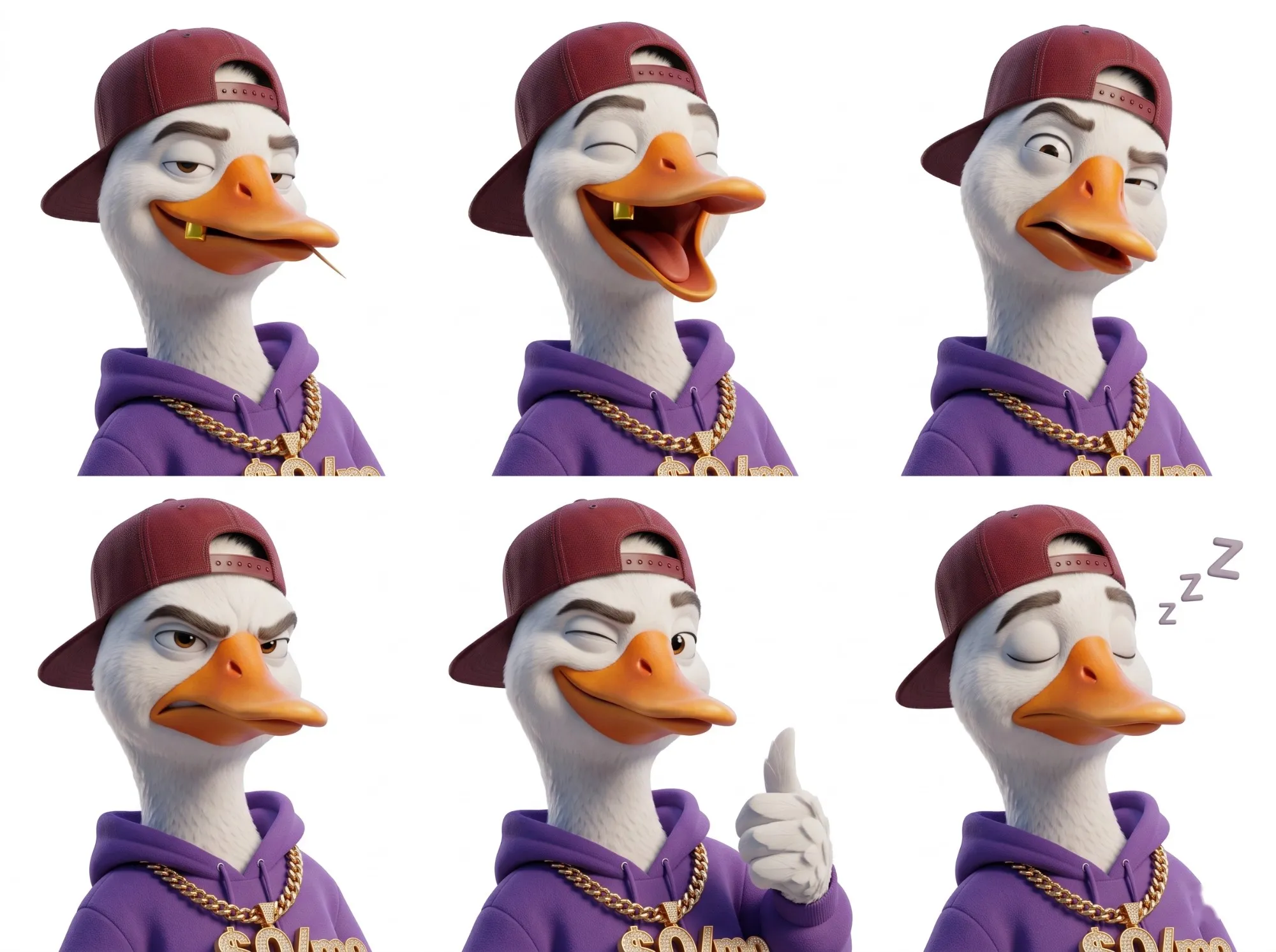 Six faces of GizmoGoose: smug, laughing, confused, grumpy, winking with a thumbs up, and asleep