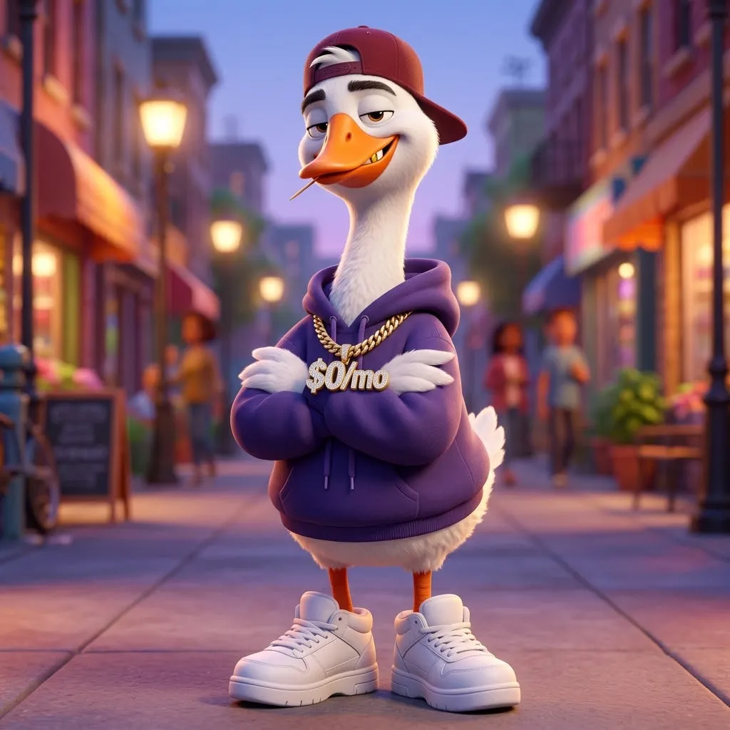 GizmoGoose standing on a city sidewalk with arms crossed, wearing a gold $0/mo chain