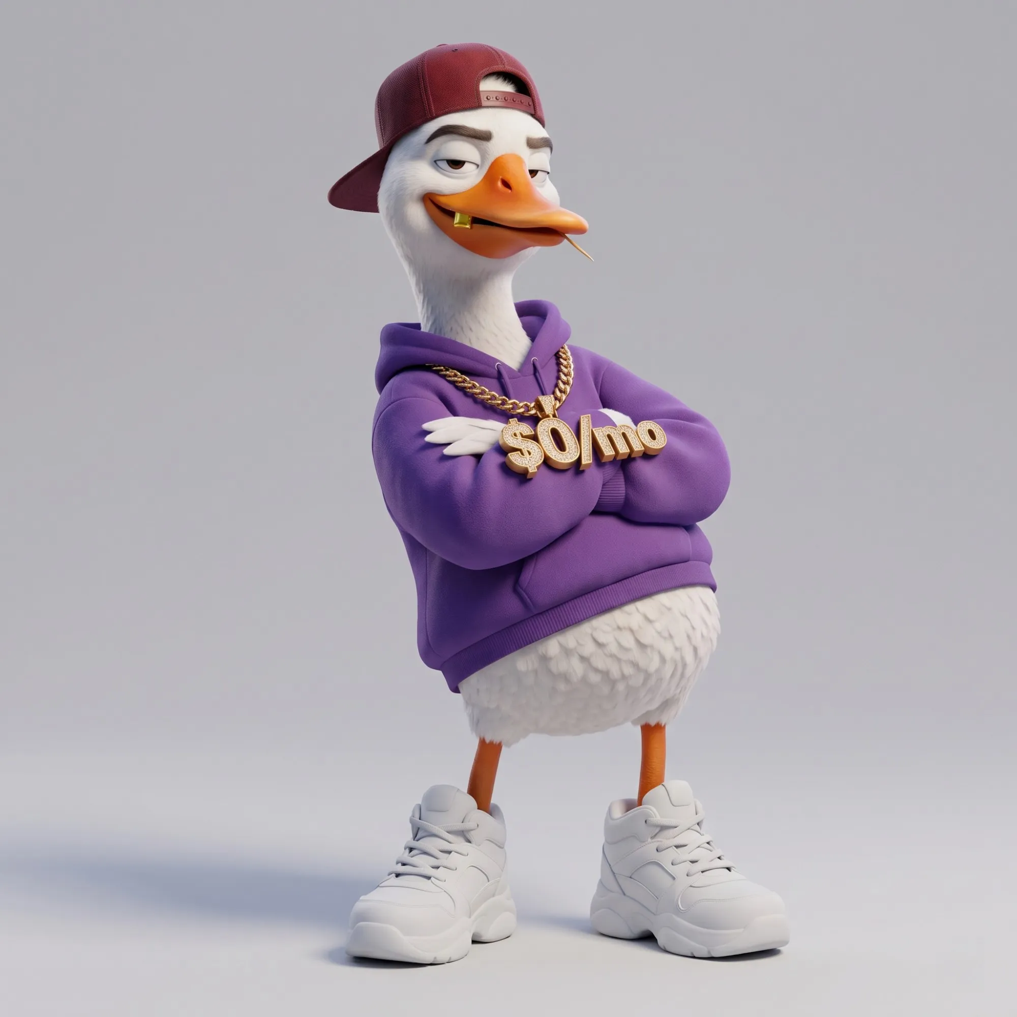 GizmoGoose, arms crossed, wearing a gold $0/mo chain