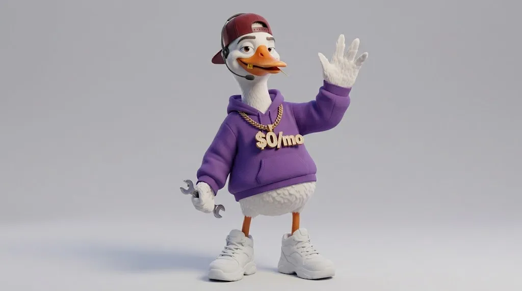 GizmoGoose wearing a headset, waving hello and holding a wrench