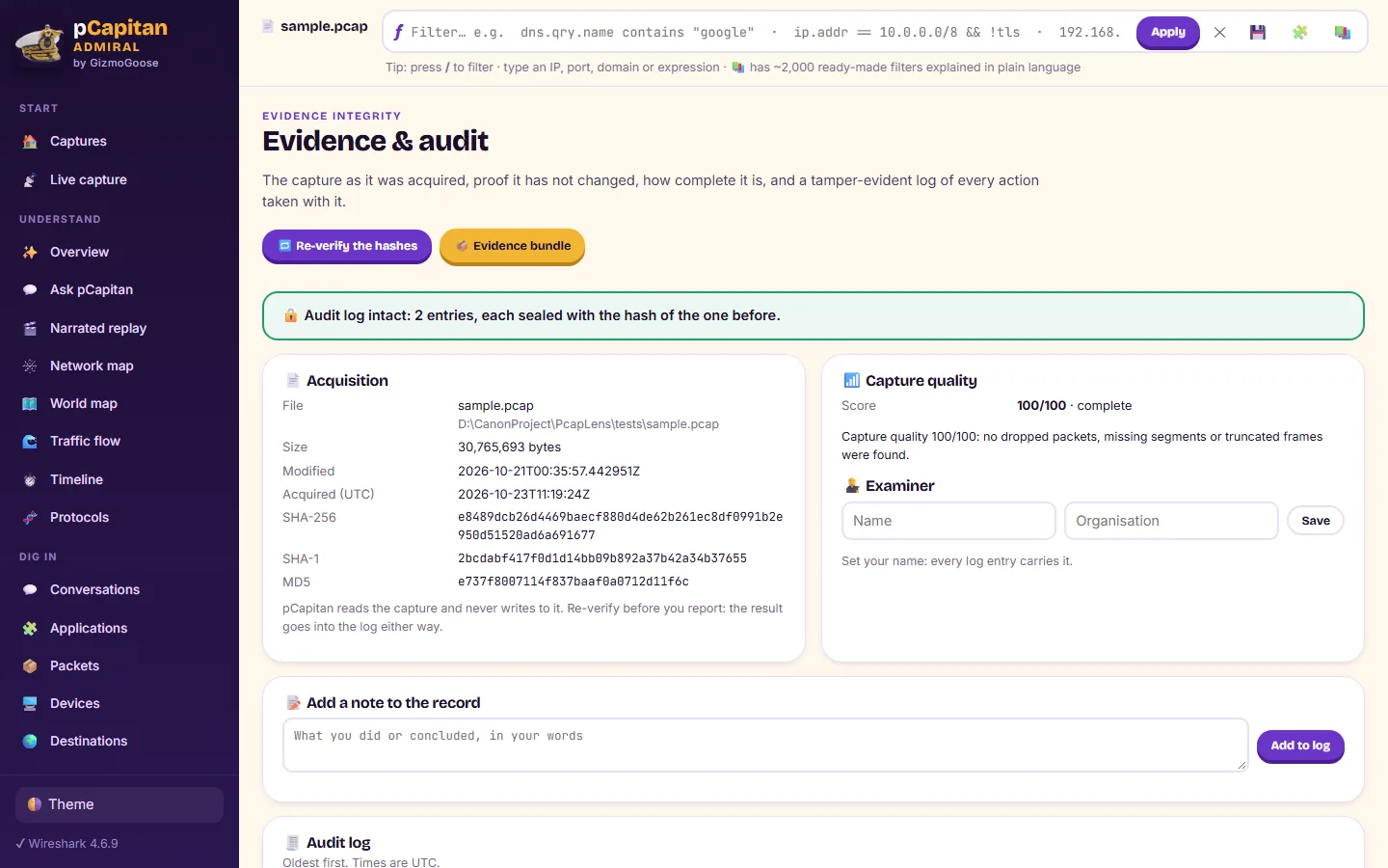 Court-ready evidence: hash-chained audit log and chain of custody