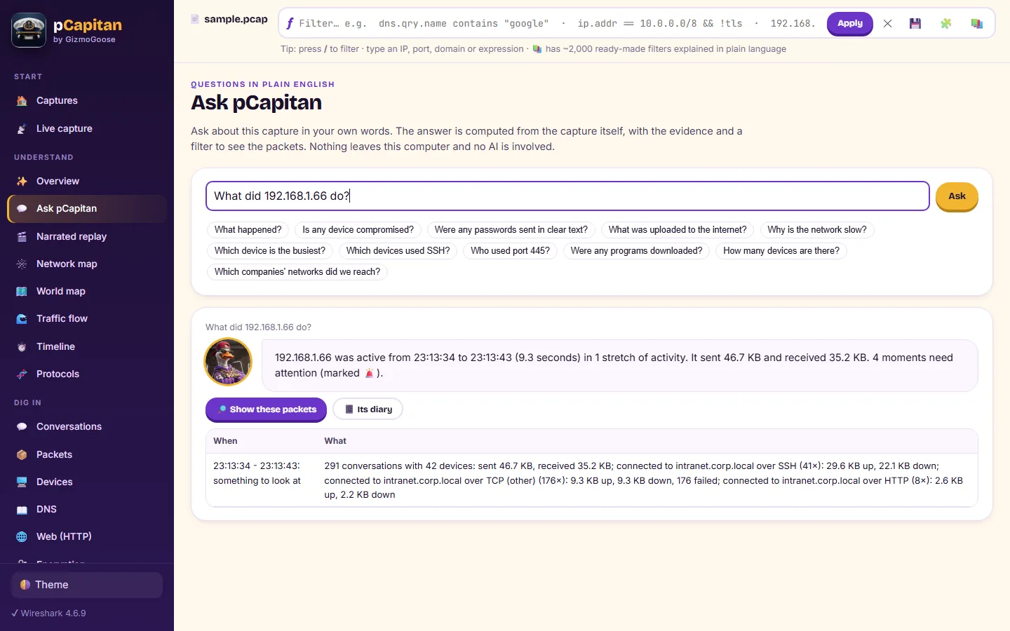 Ask pCapitan: a question in plain English, answered from the capture with the evidence