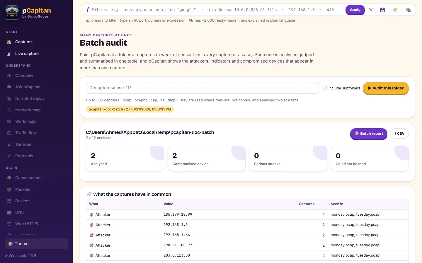 Batch audit: a whole folder of captures in one table
