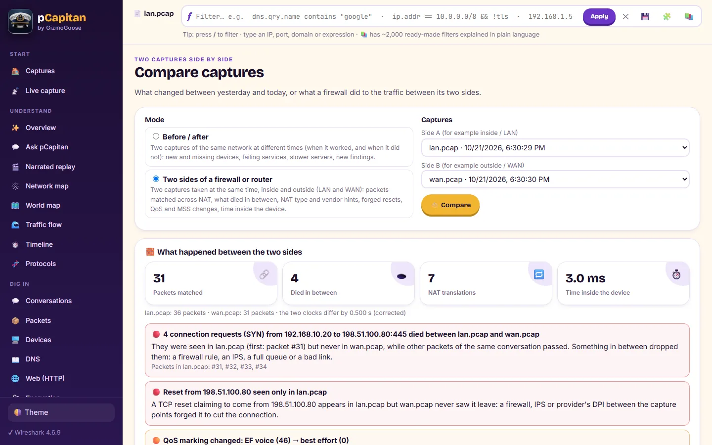 Compare captures: what a firewall did between its two sides
