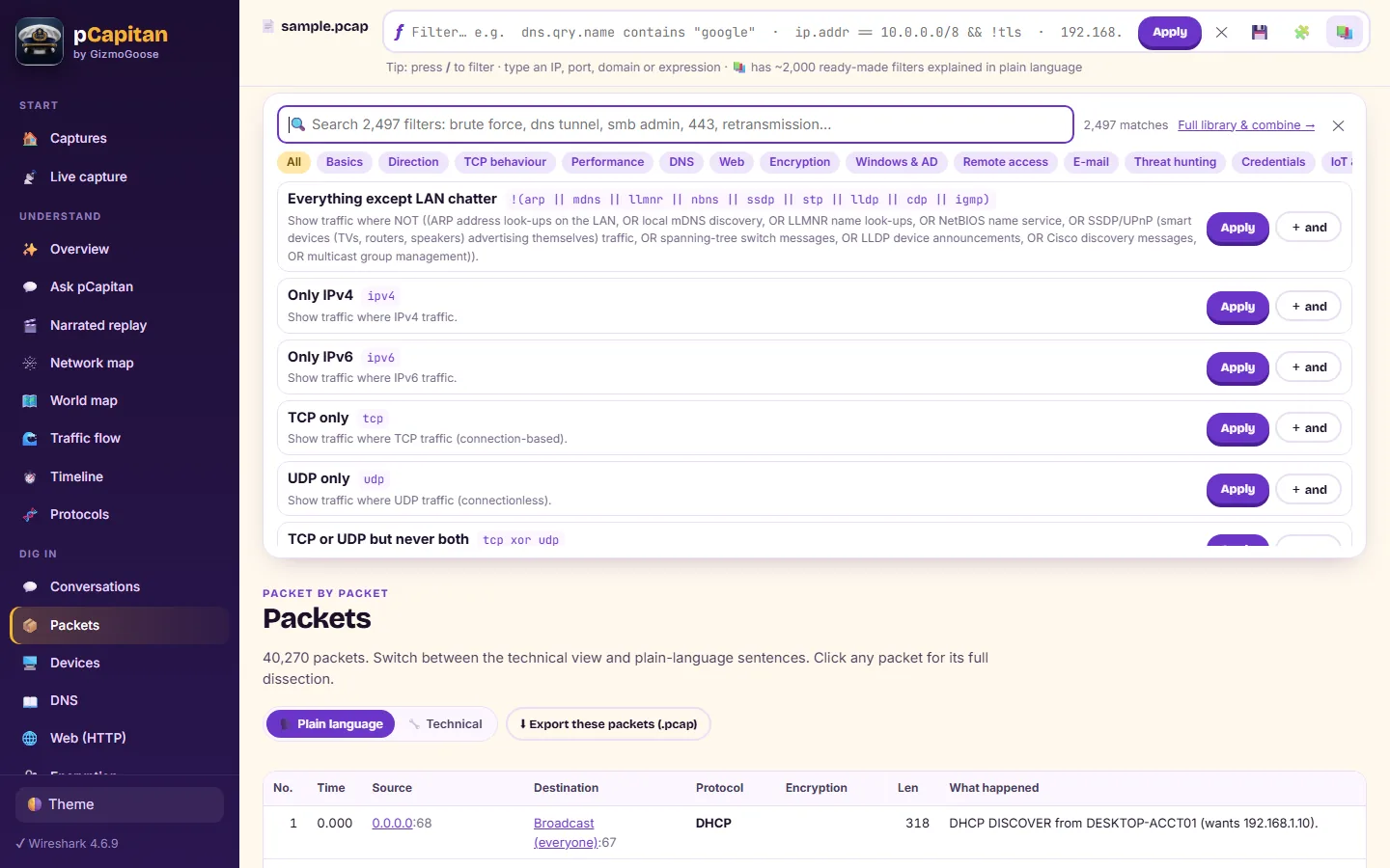 The filter library opens above any screen: search 2,497 filters and apply them in place