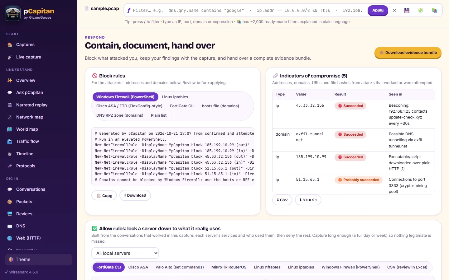 Respond: block rules for your firewall, indicators to share and an evidence bundle
