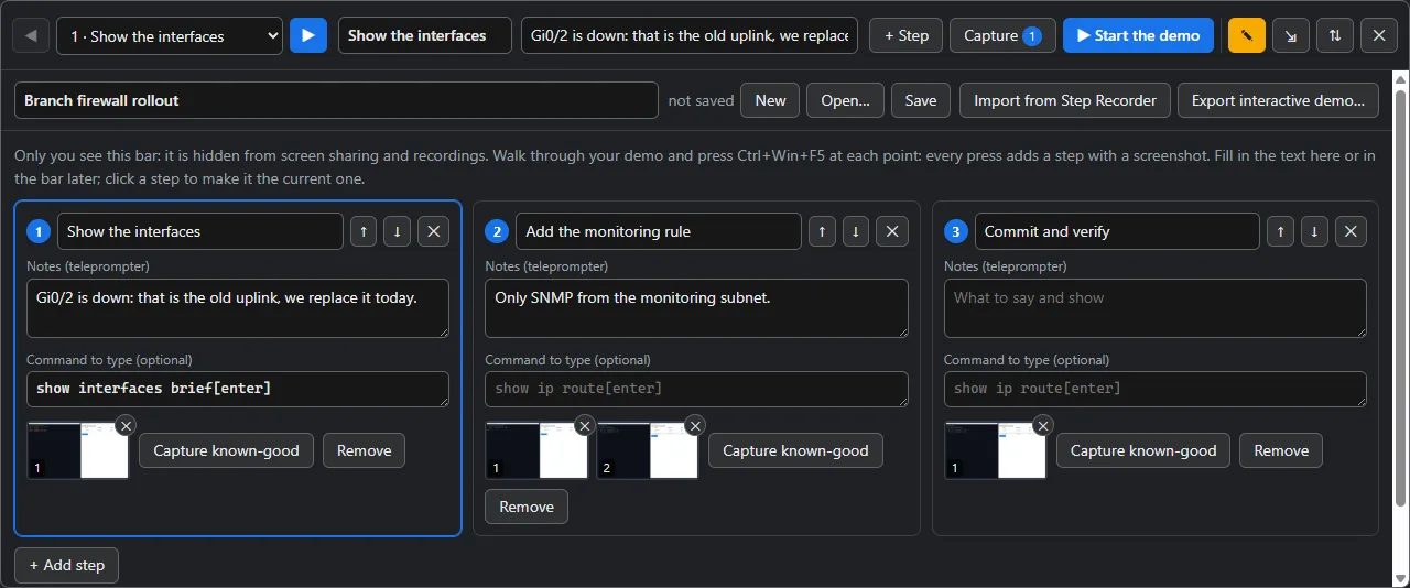 Demo Runner: steps, notes, commands and known-good screens