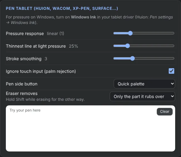 Pen settings for Huion, Wacom, XP-Pen and Surface