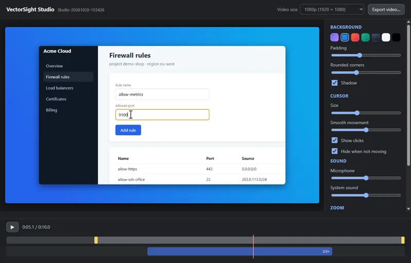 The Studio editor: background, cursor, sound and zoom settings beside the preview